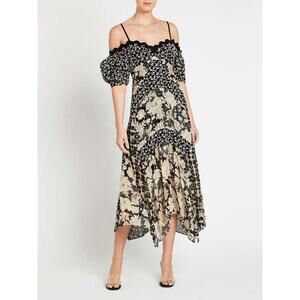 Rebecca Taylor Silk Mixed Print Off-Shoulder Midi Dress Black Combo Chic Classy